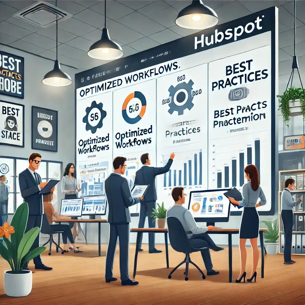 DALL·E 2024-07-25 14.12.54 - An illustration of a sales team in a modern office setting, working together on a HubSpot dashboard. The screen shows optimized workflows, charts, and