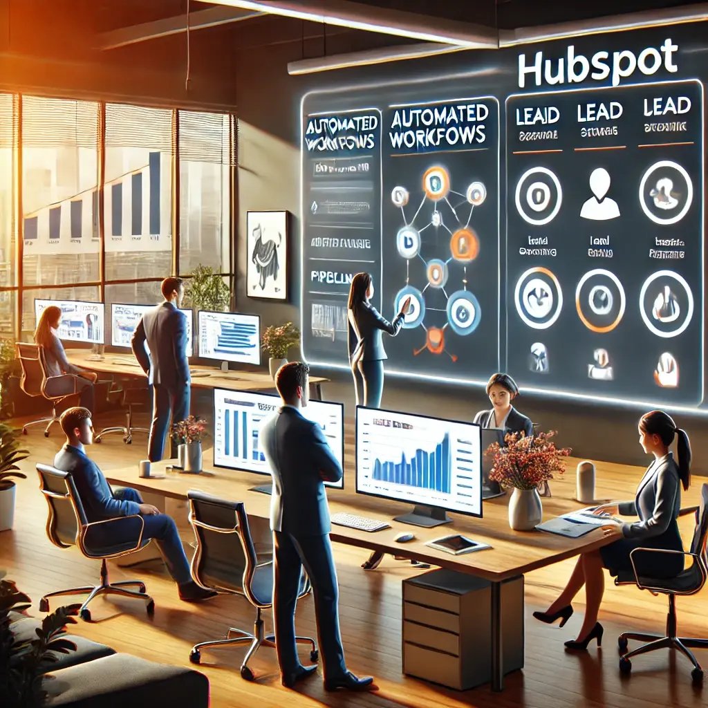 DALL·E 2024-07-25 14.19.35 - A professional illustration of a sales team using HubSpot in a modern office setting. The image features a HubSpot dashboard on a large screen showing