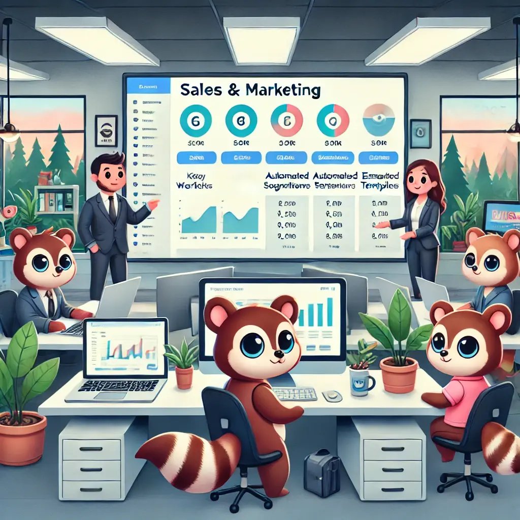 DALL·E 2024-07-26 10.00.10 - An illustration in the style of Bantam Digitals website theme. The scene is a modern office setting with a sales and marketing team using a CRM syste