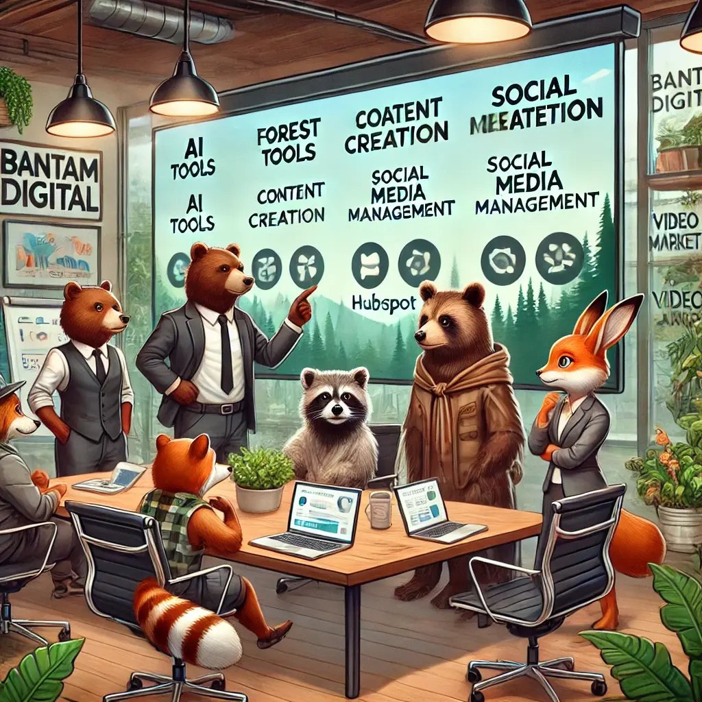 DALL·E 2024-07-26 11.04.51 - An illustration in the style of Bantam Digitals website theme. The scene features a dynamic office environment with forest camp critters, dressed in 