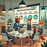 a dynamic office environment with forest camp critters, dressed in professional attire, sitting at a conference table. They are discussing sales funnel strategies, with a large screen displaying HubSpot’s lead generation, email marketing, sales automation, and CRM tools. The background includes sleek office furniture, plants, and motivational posters, creating a productive and collaborative atmosphere.